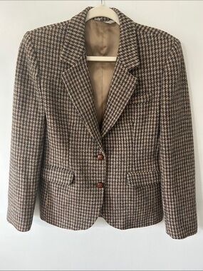Harris Tweed Blazer Tailored Wool Houndstooth Brown Women's Sz 4 Classic Work